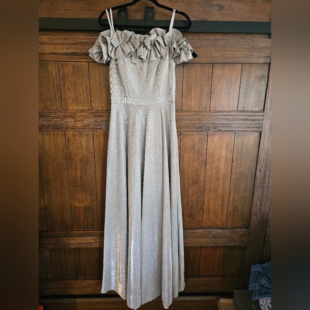 Xscape Metallic Off-Shoulder Ruffle Gown - Picture 4 of 8